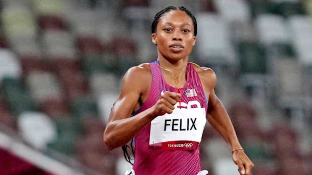 Allyson Felix competing at her fifth Olympics in Tokyo.